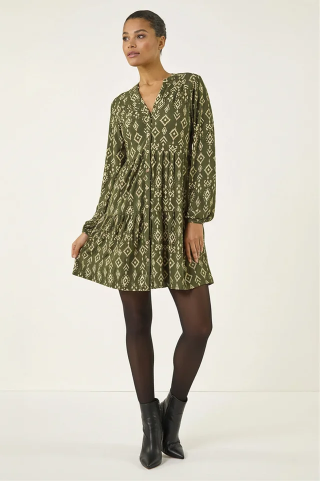 Roman Khaki Aztec Print Button Stretch Swing Dress