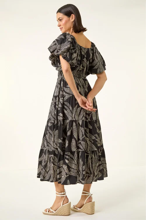 Roman Black Dotted Leaf Print Midi Dress - Size 18 Image 3