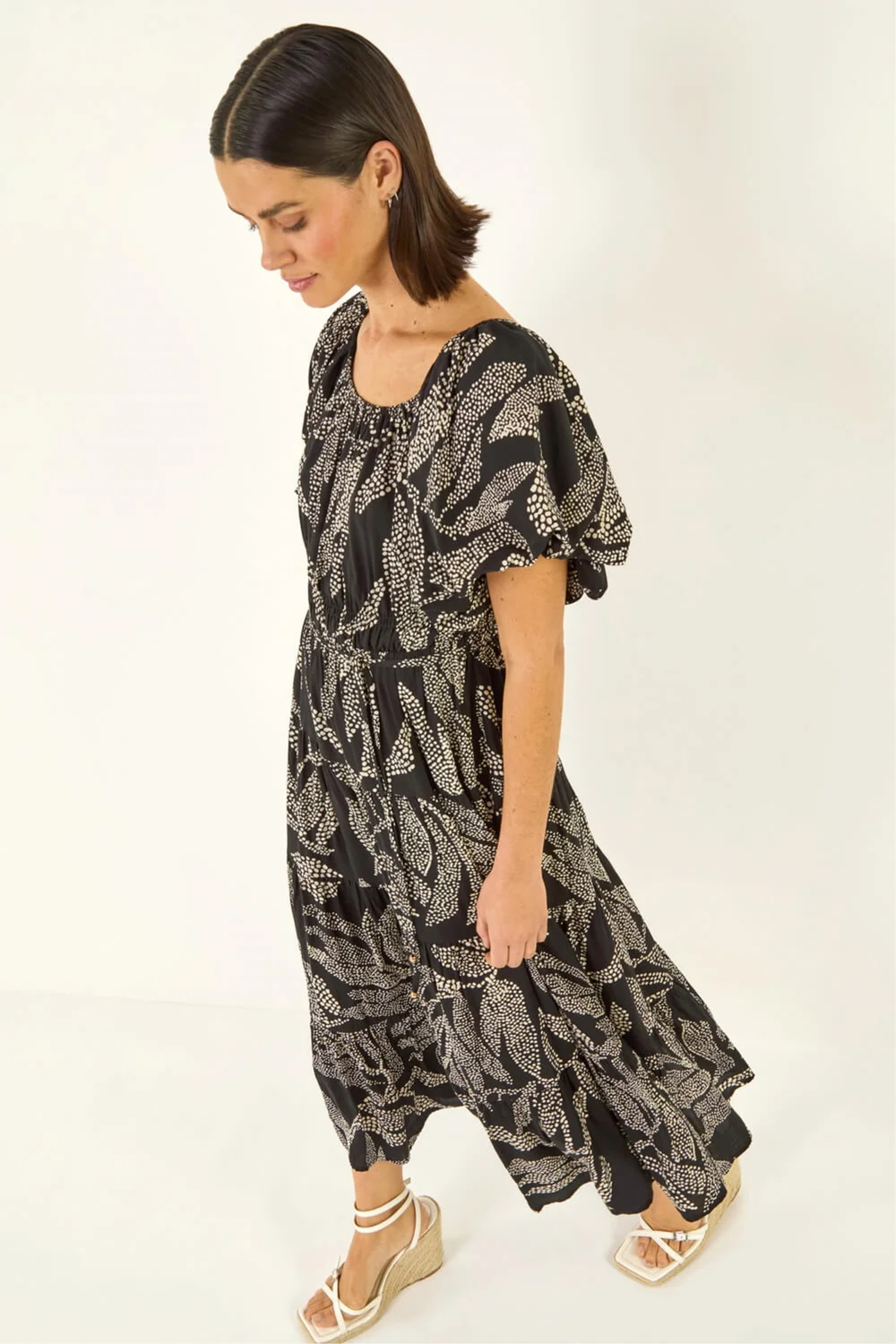 Roman Black Dotted Leaf Print Midi Dress - Size 18 Image 1