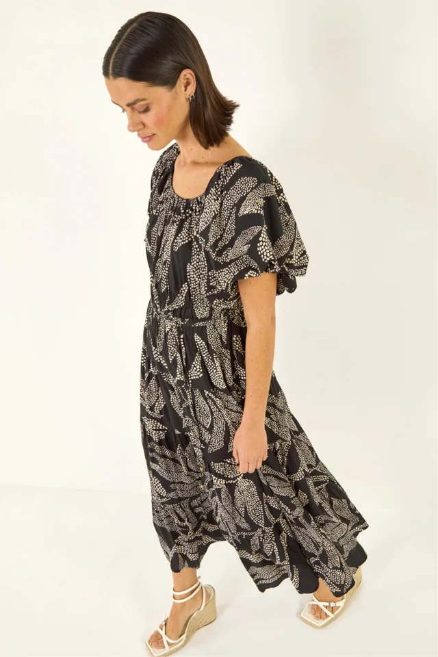Roman Black Dotted Leaf Print Midi Dress