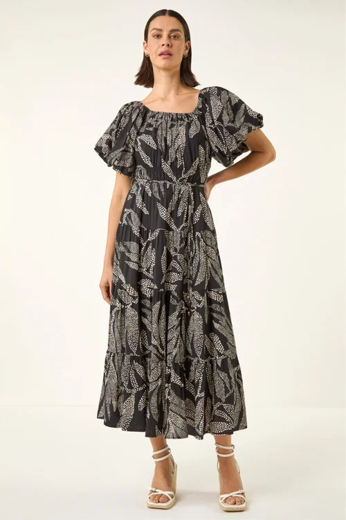 Roman Black Dotted Leaf Print Midi Dress - Size 18 Image 2