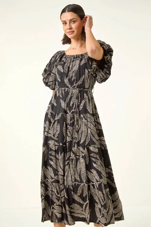 Roman Black Dotted Leaf Print Midi Dress - Size 18 Image 4