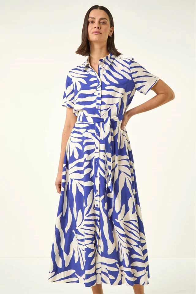 Roman Royal Blue Leaf Print Belted Midi Shirt Dress