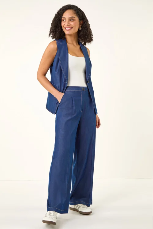 Roman Indigo Denim Contrast Stitch Wide Leg Trouser - 16 Image 2