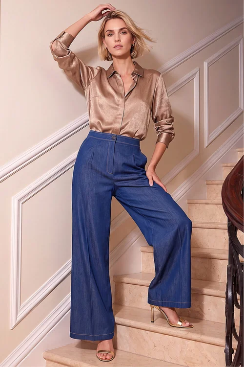 Roman Indigo Denim Contrast Stitch Wide Leg Trouser - 16 Image 2