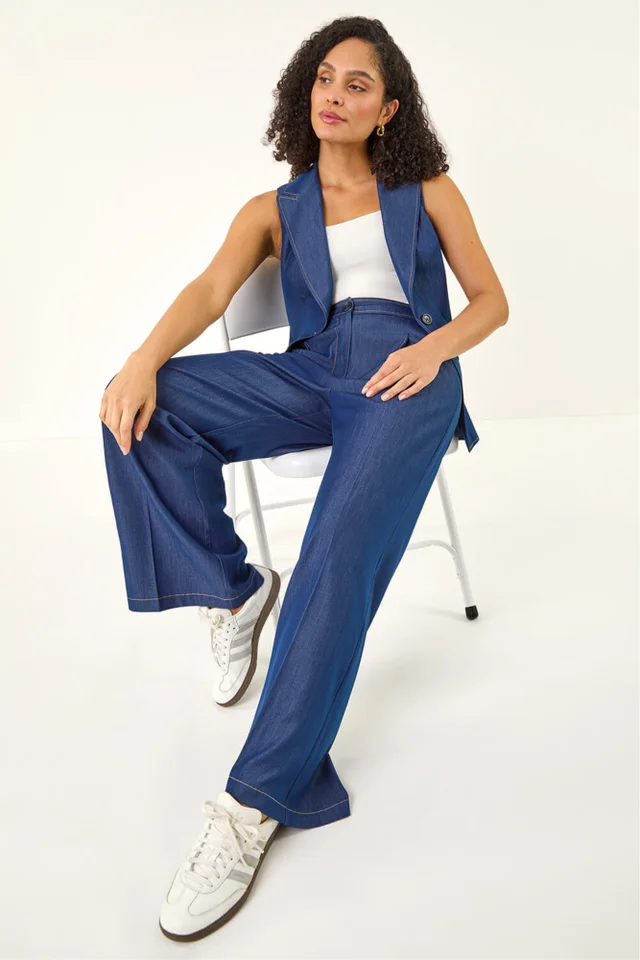 Roman Indigo Denim Contrast Stitch Wide Leg Trouser