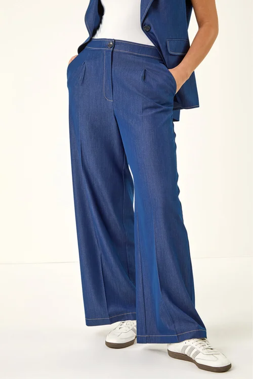 Roman Indigo Denim Contrast Stitch Wide Leg Trouser - 16 Image 4