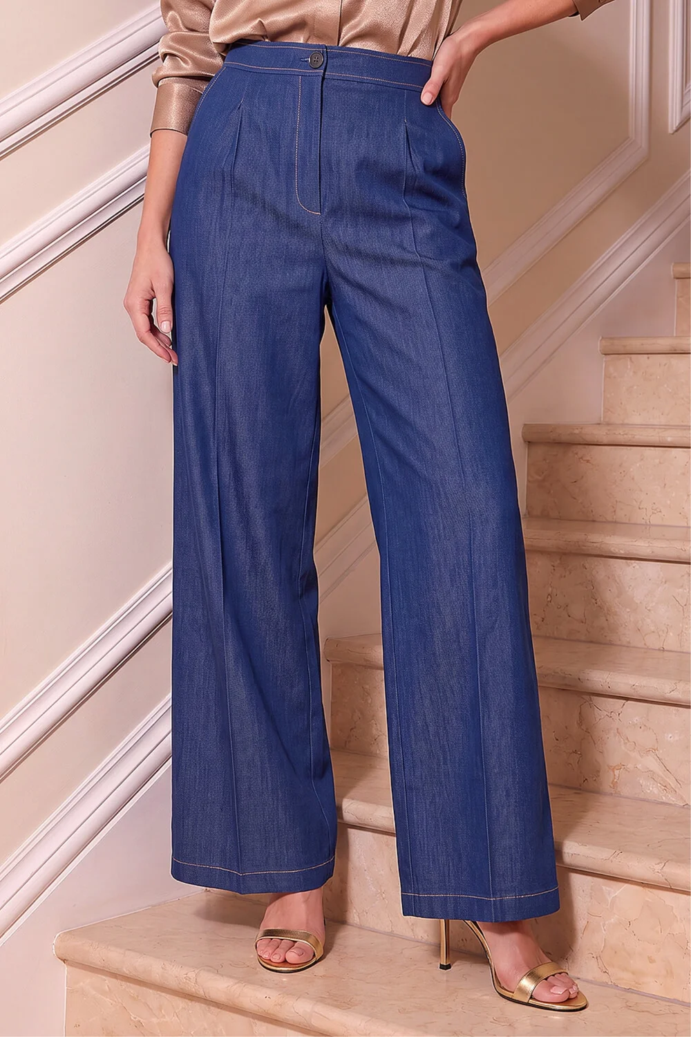Roman Indigo Denim Contrast Stitch Wide Leg Trouser - 16 Image 1