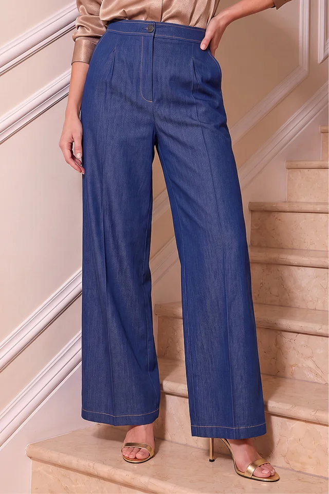 Roman Indigo Denim Contrast Stitch Wide Leg Trouser