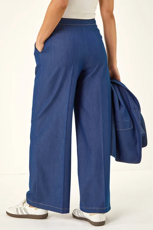 Roman Indigo Denim Contrast Stitch Wide Leg Trouser - 16 Image 3