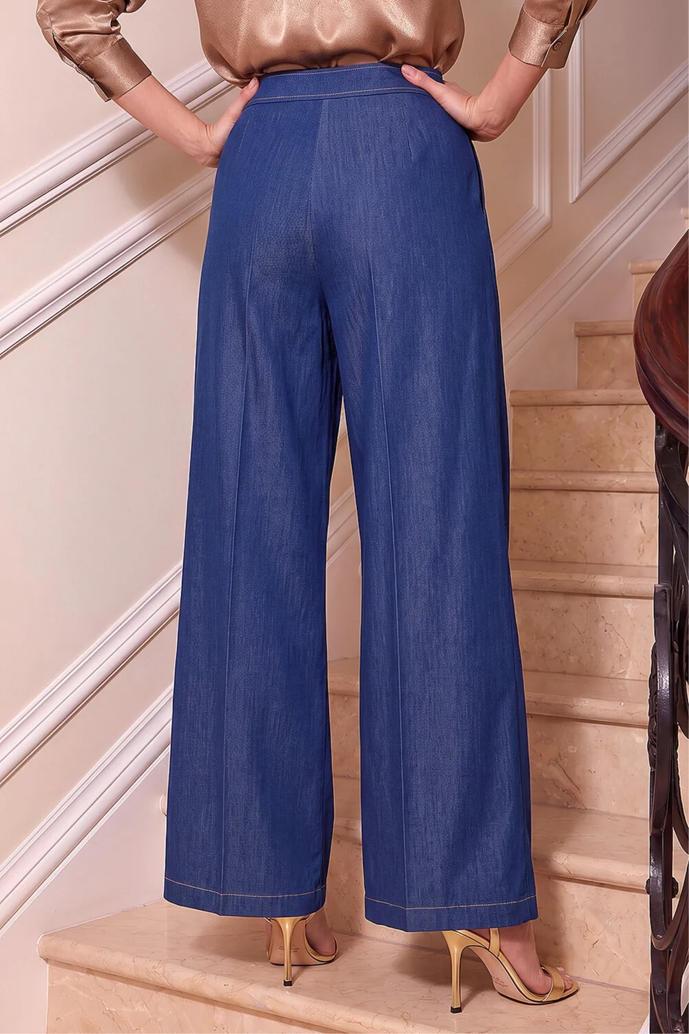 Roman Indigo Denim Contrast Stitch Wide Leg Trouser - 16 Image 3