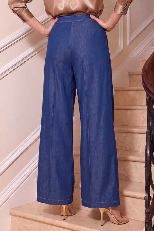 Roman Indigo Denim Contrast Stitch Wide Leg Trouser - 16 Image 3