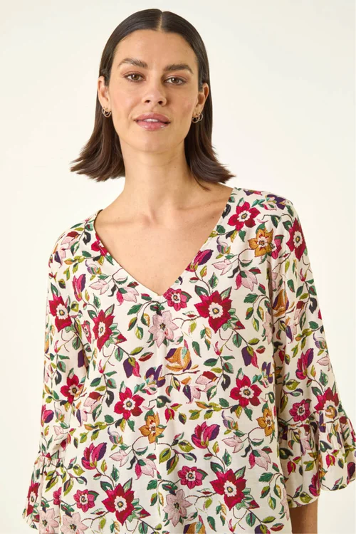 Roman Red Floral Print Flare Sleeve Top - Size 10 Image 4
