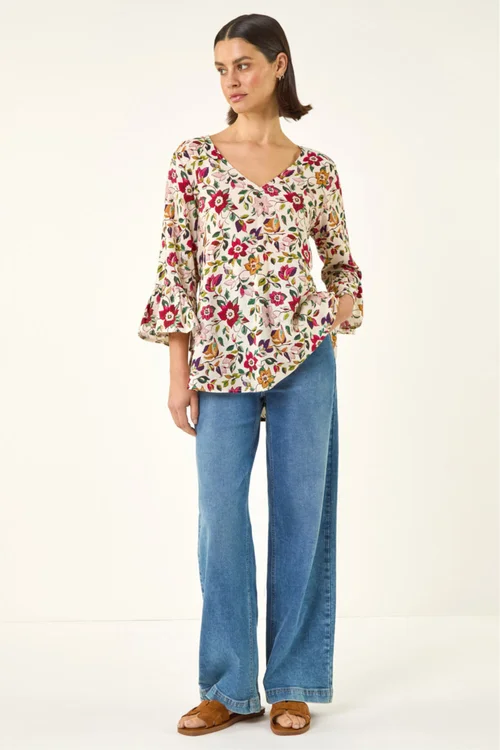 Roman Red Floral Print Flare Sleeve Top - Size 10 Image 2