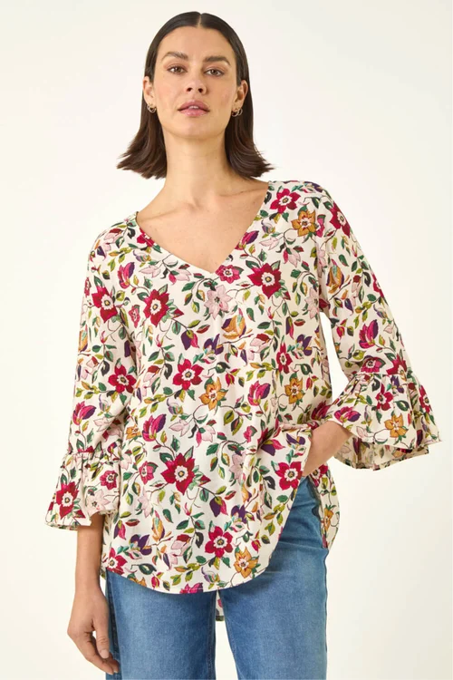 Roman Red Floral Print Flare Sleeve Top - Size 10 Image 1