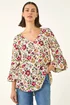 Roman Red Floral Print Flare Sleeve Top - Size 10 Image 1