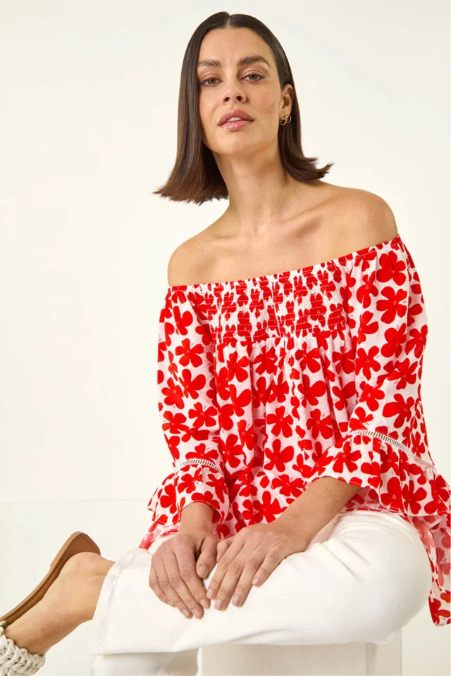Roman Red Floral Print Bardot Top