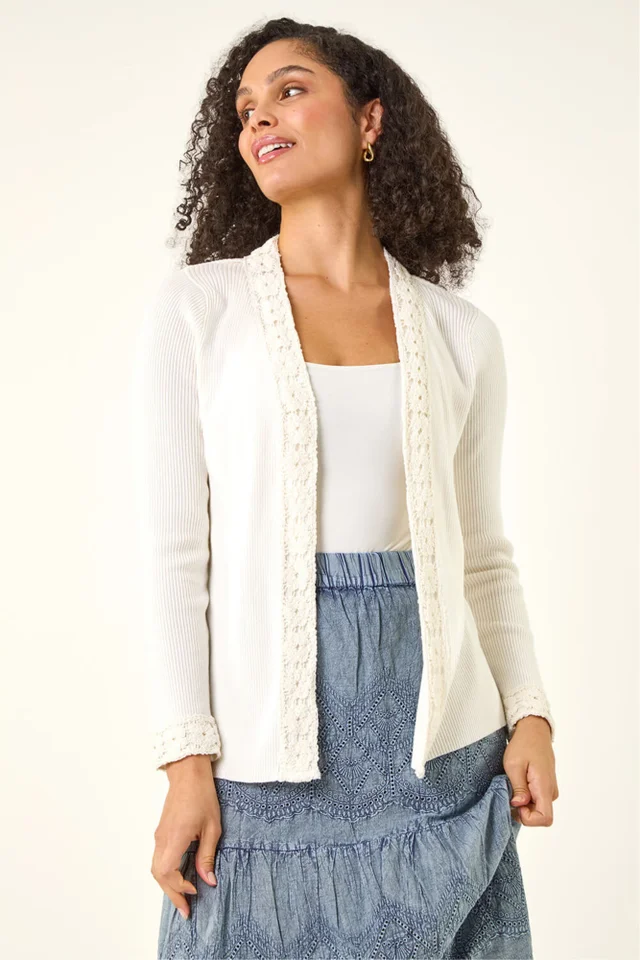 Roman Ivory Crochet Trim Knit Cardigan