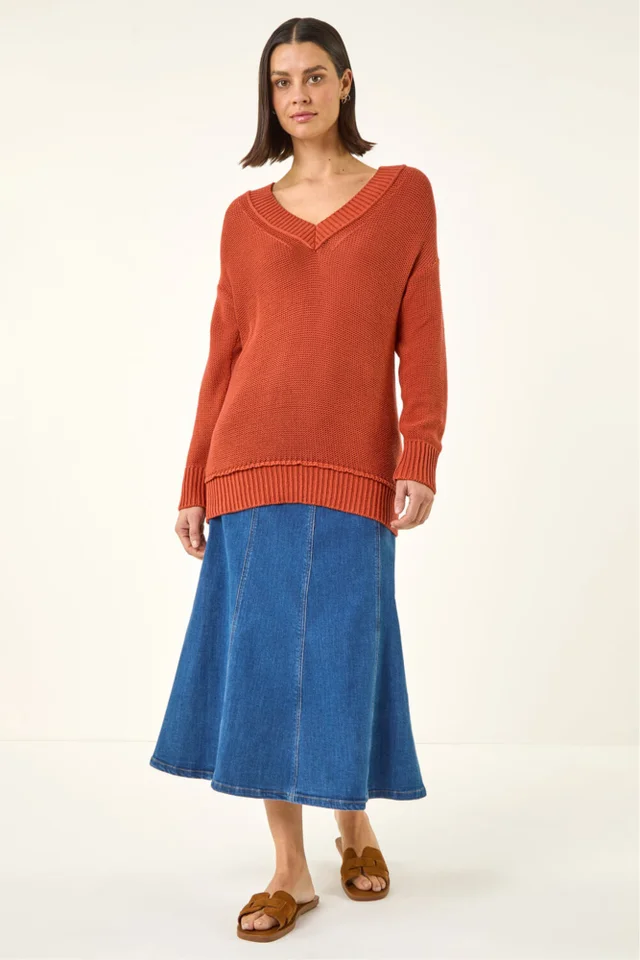 Roman Rust Ribbed V-Neck Boyfriend Jumper