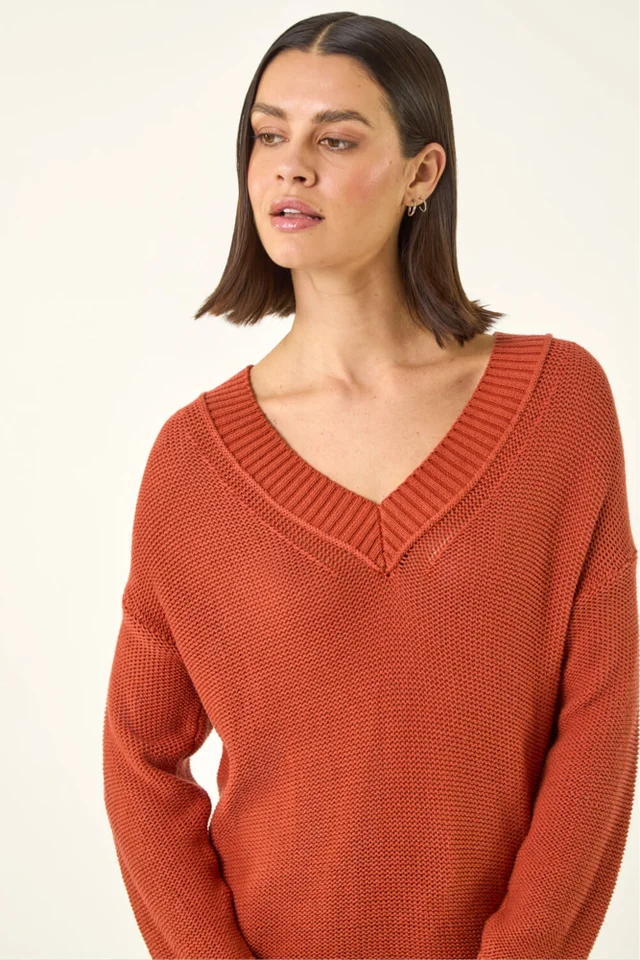 Roman Rust Ribbed V-Neck Boyfriend Jumper
