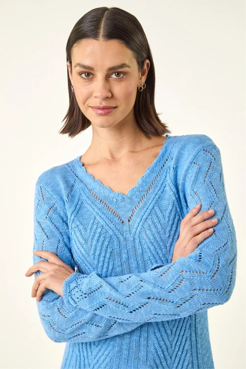 Roman Blue Scallop V-Neck Knit Jumper - Size 16 Image 1