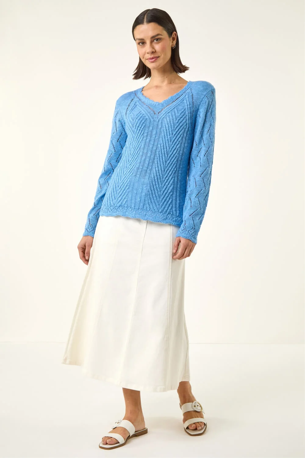 Roman Blue Scallop V-Neck Knit Jumper - Size 16 Image 2