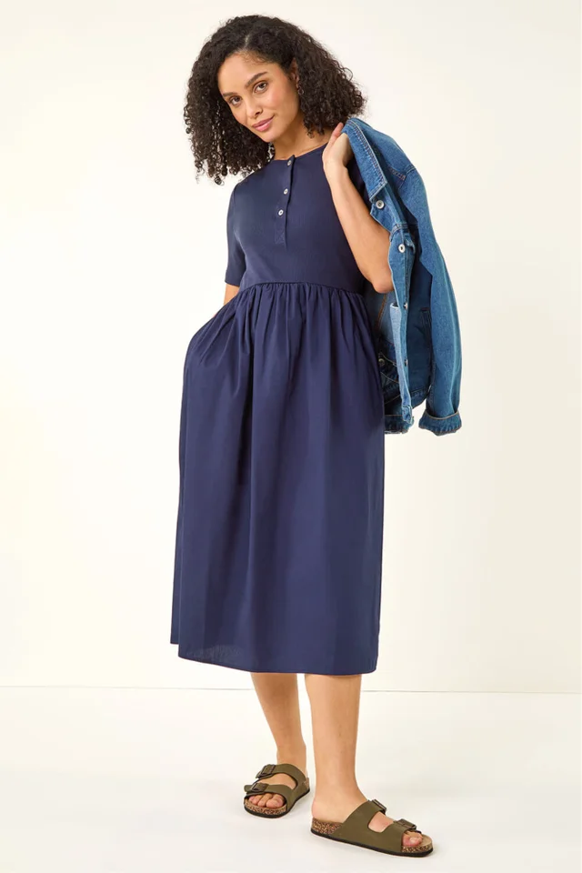 Roman Navy Buttoned Pocket Stretch Midi Dress