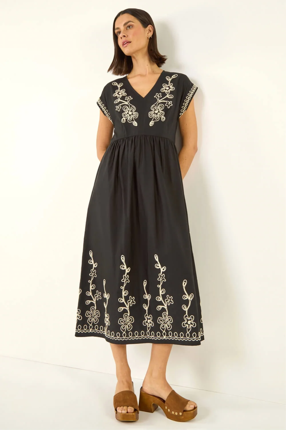 Roman Black Embroidered V-Neck Midi Dress - 10 Image 1