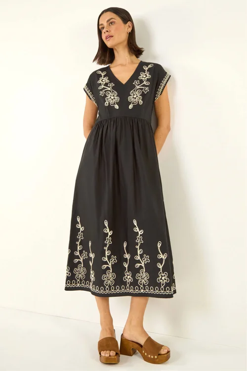 Roman Black Embroidered V-Neck Midi Dress - 10 Image 1