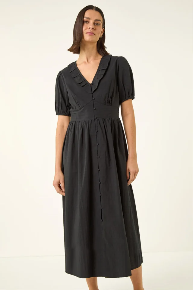 Roman Black Textured Frill Midi Dress