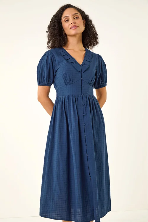 Roman Navy Textured Frill Midi Dress - 16 Image 2