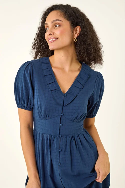 Roman Navy Textured Frill Midi Dress - 16 Image 4