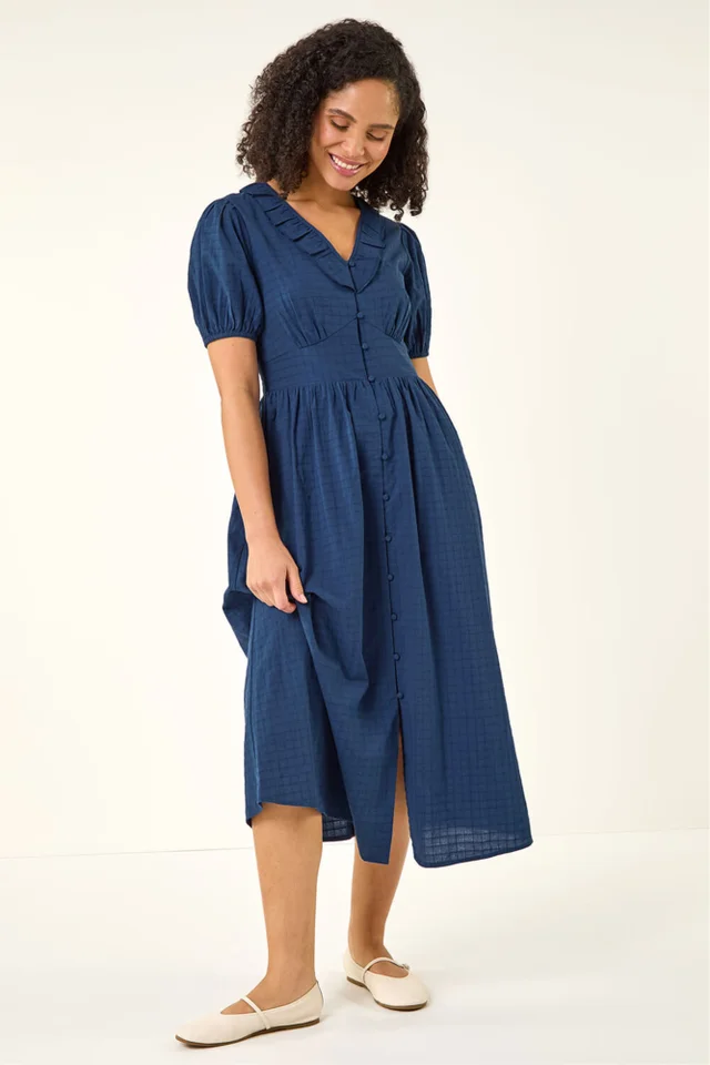 Roman Navy Textured Frill Midi Dress