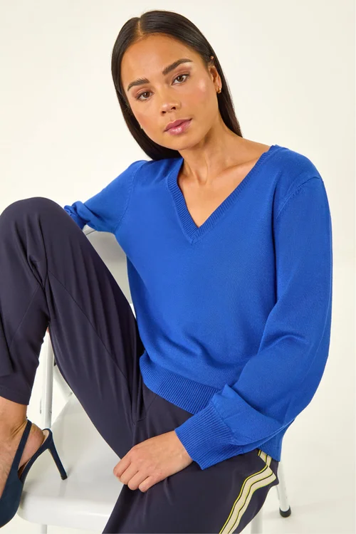 Roman Royal Blue Petite V-Neck Knit Jumper - Size 10 Image 1