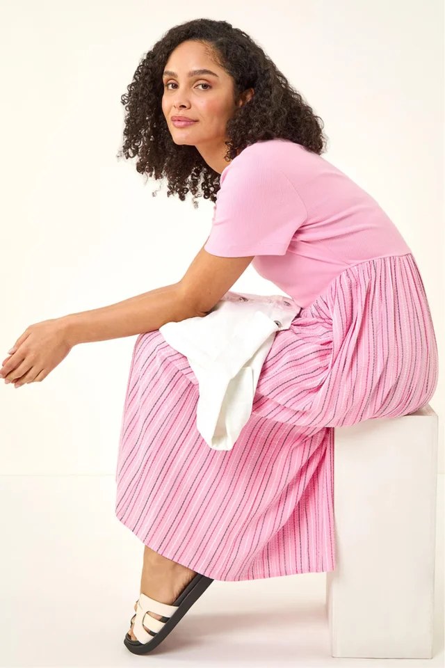Roman Pink Textured Stripe Midi Dress