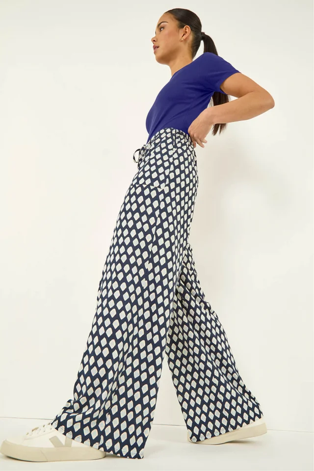 Roman Navy Petite Geo Print Wide Leg Stretch Trouser