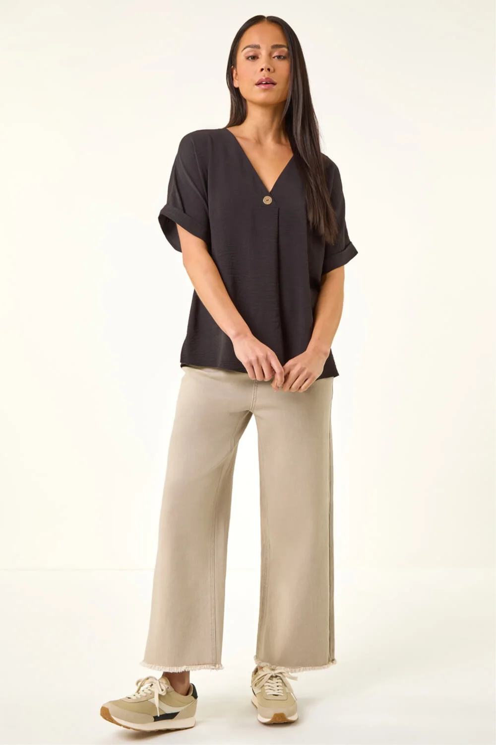 Roman Black Petite One Buttoned V-Neck Top - Size 16 Image 2