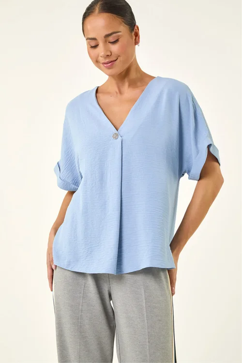 Roman Light Blue Petite One Buttoned V-Neck Top - Size 18 Image 4
