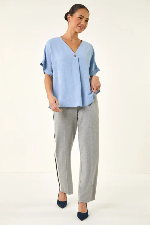 Roman Light Blue Petite One Buttoned V-Neck Top - Size 18 Image 2