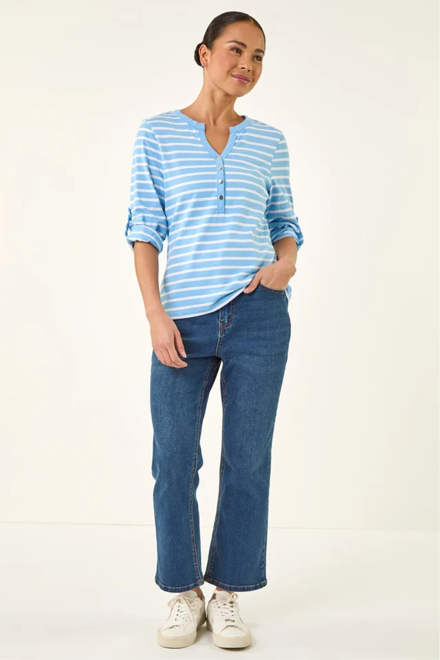 Roman Blue Petite Stripe V-Neck Button Top