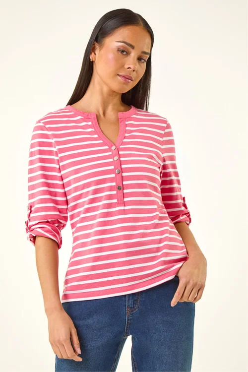 Roman Pink Petite Stripe V-Neck Button Top - Size 10 Image 4