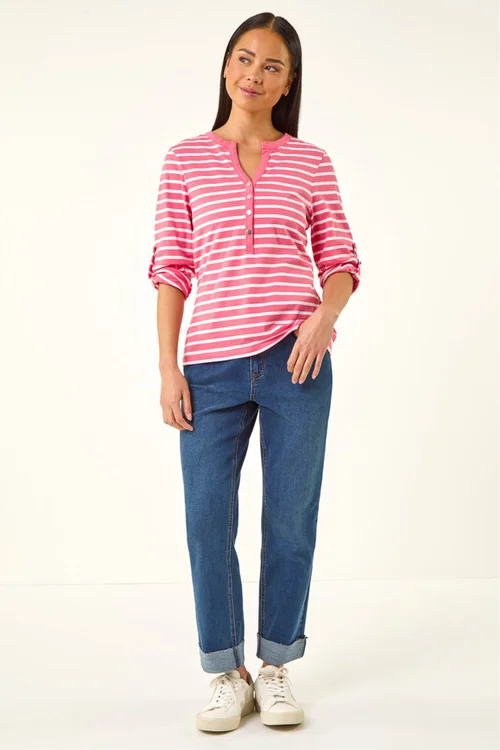 Roman Pink Petite Stripe V-Neck Button Top - Size 10 Image 2