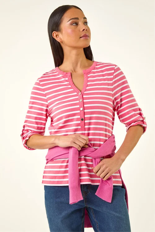 Roman Pink Petite Stripe V-Neck Button Top - Size 10 Image 1