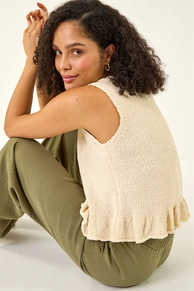 Roman Ivory Textured Frill Hem Knit Vest