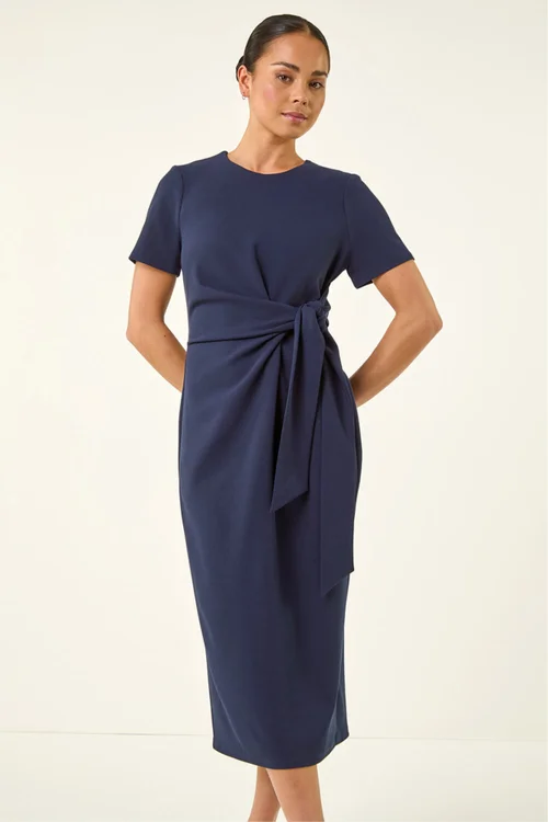 Roman Navy Petite Tie Waist Stretch Midi Dress - 12 Image 4