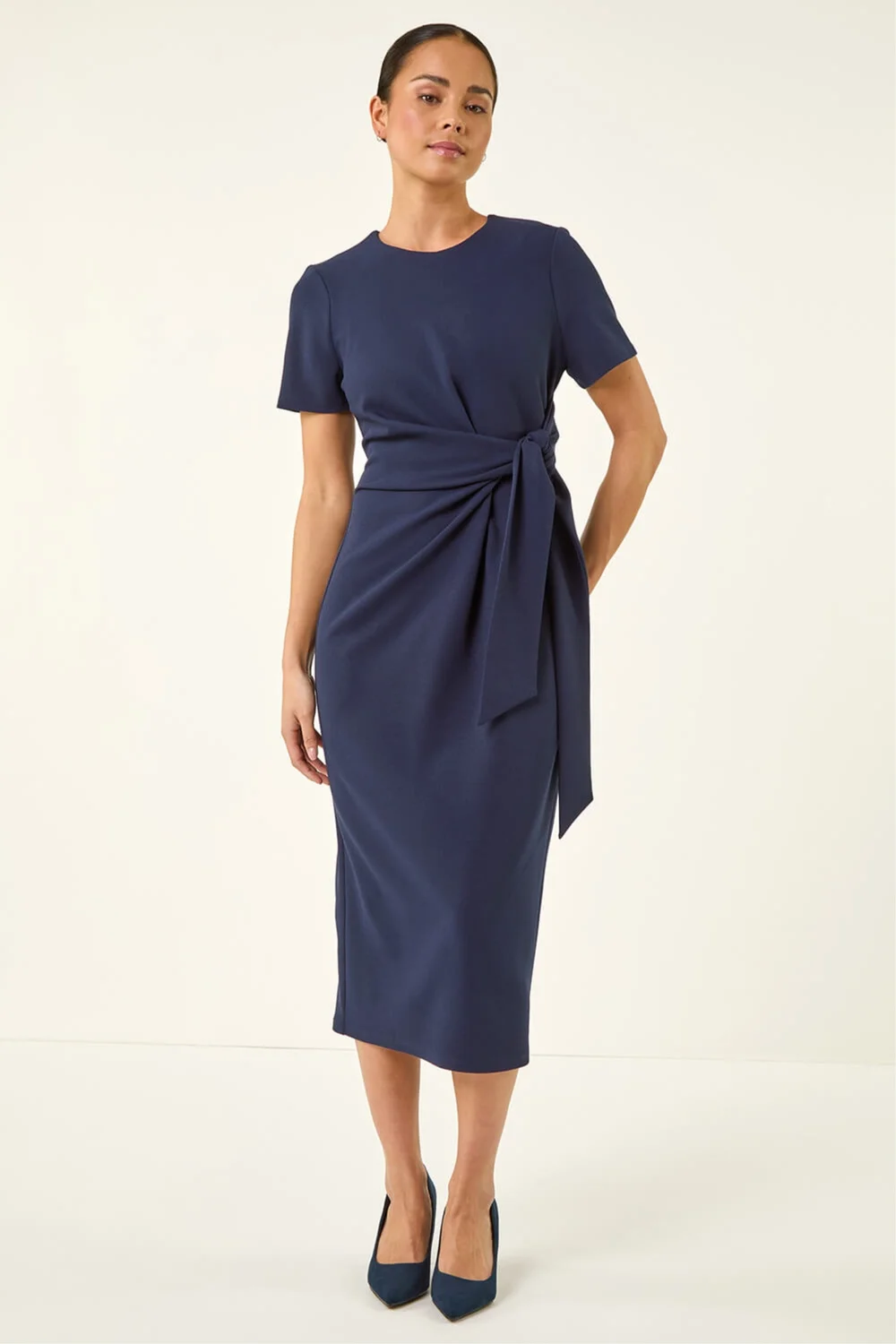 Roman Navy Petite Tie Waist Stretch Midi Dress - 12 Image 2
