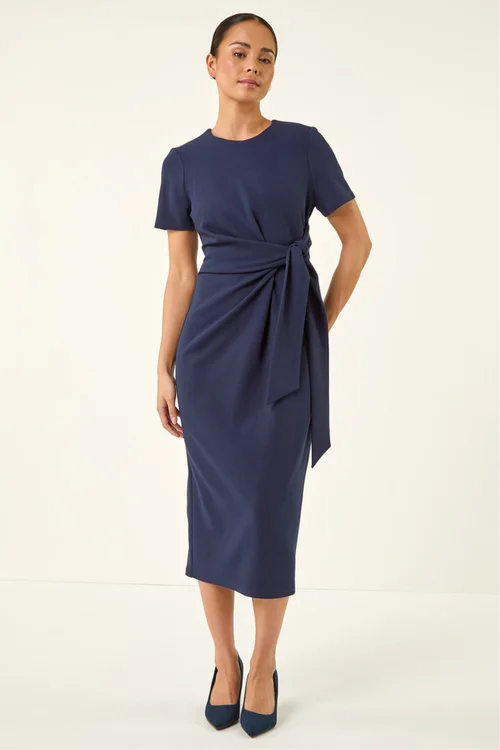 Roman Navy Petite Tie Waist Stretch Midi Dress - 12 Image 2