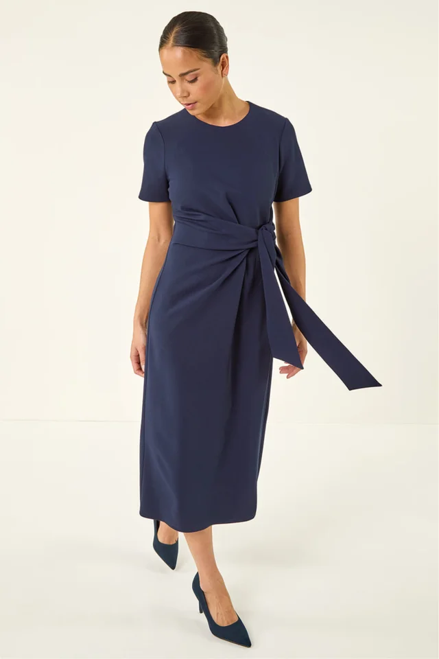Roman Navy Petite Tie Waist Stretch Midi Dress