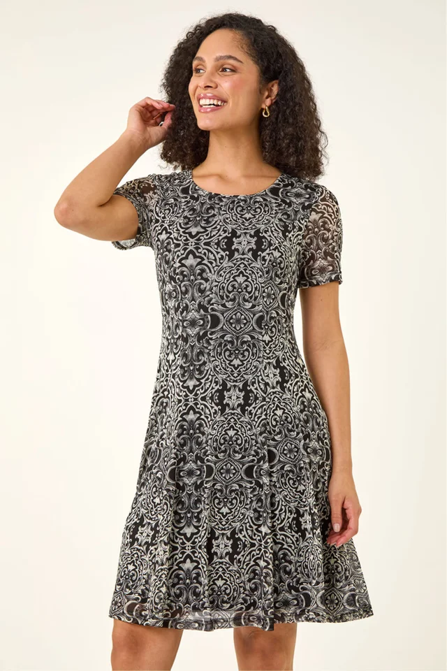 Roman Black Printed Mesh Dress