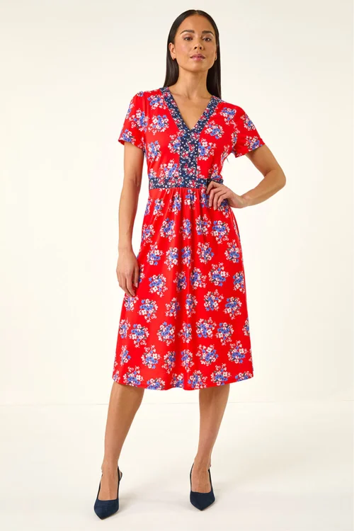 Roman Red Petite Floral Contrast Stretch Midi Dress - 8 Image 2